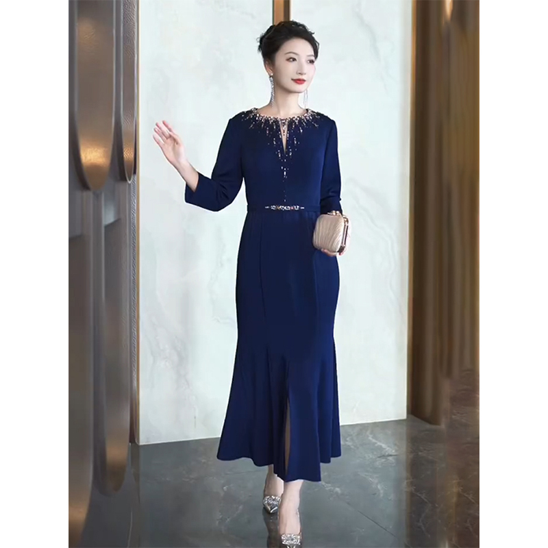 Blue Fishtail Dress 2026 New Style Elegant Mother's Wear Dignified and Grand Ladylike Banquet Dress with Mid-Sleeves