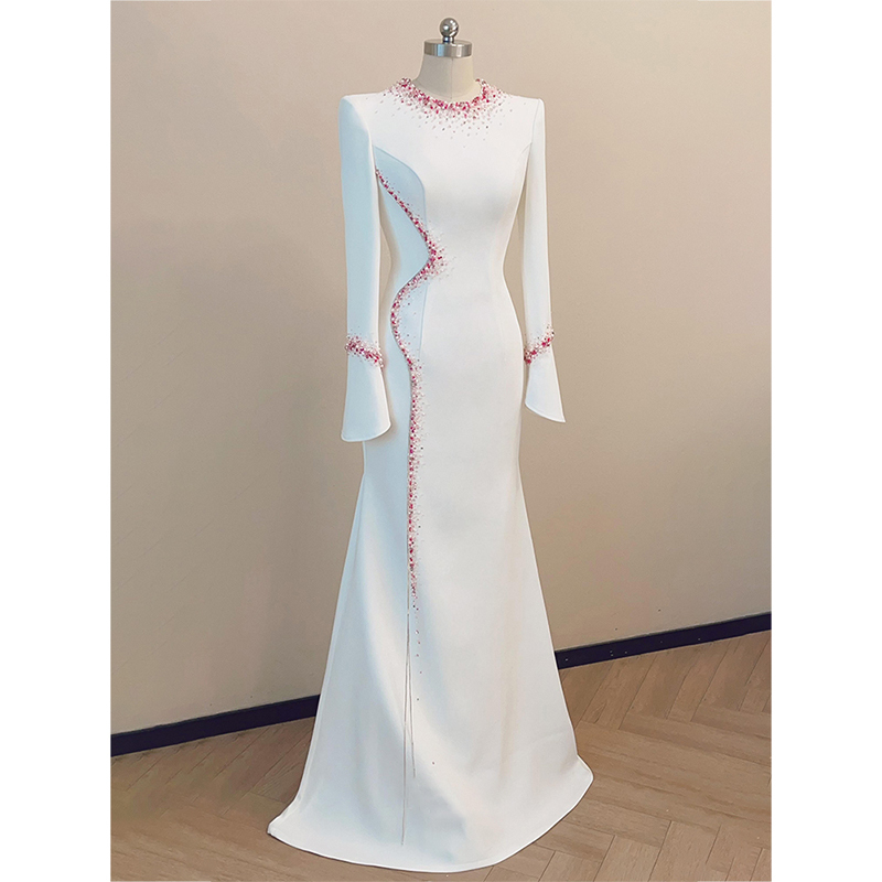 Host Evening Dress 2026 New Style White Long-Sleeved Vocal Solo Performance Broadcast Art Exam High-End Elegant Performance Dress Host Evening Dress 2026 New Style White Long-Sleeved Vocal Solo Performance Broadcast Art Exam High-End Elegant Performance Dress
