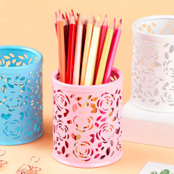 Hollow retro pen holder metal desk storage box creative fashion round Nordic style cute simple student pen bucket ornaments personalized simple grid multi-functional storage pen holder