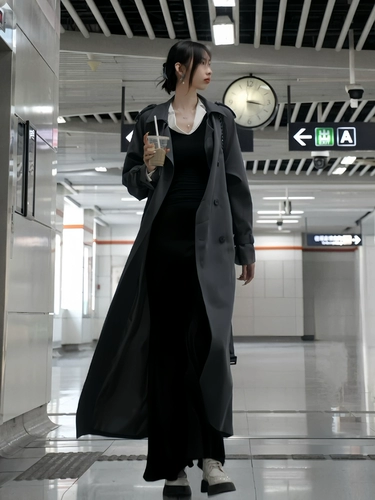 Сверхдлинный демисезонный плащ, длинное черное осеннее пальто, большой размер