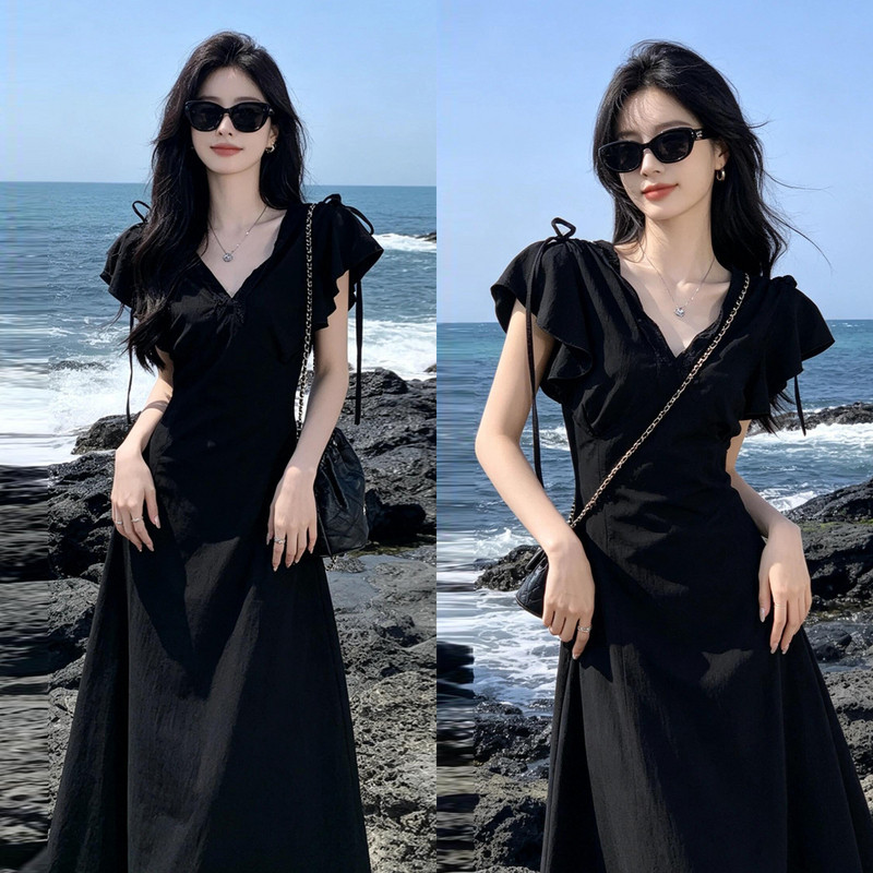 Black Dress for Tall Women, Summer Long Dress, Hepburn Style, Slimming and Elegant, 2026 New Style, Plus Size, V-Neck