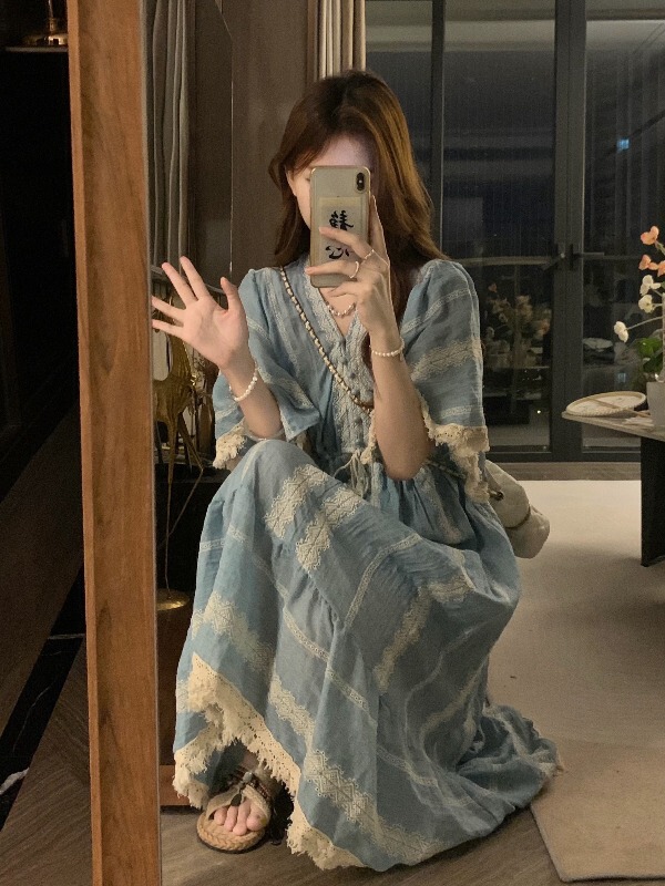 Tall People's Extra-Long Bohemian Style Dress, Beach Vacation Style, Extra-Long Dress That Reaches the Ankles Tall People's Extra-Long Bohemian Style Dress, Beach Vacation Style, Extra-Long Dress That Reaches the Ankles