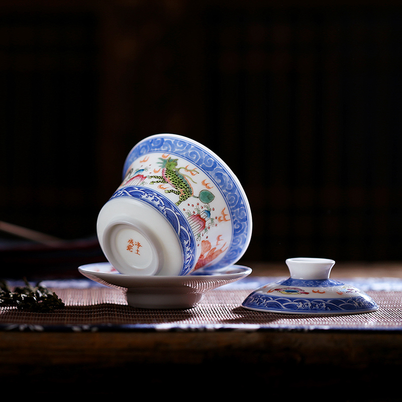 Hong xin tureen large ceramic tea set tea cups jingdezhen hand - made pastel three of the bowl bowl