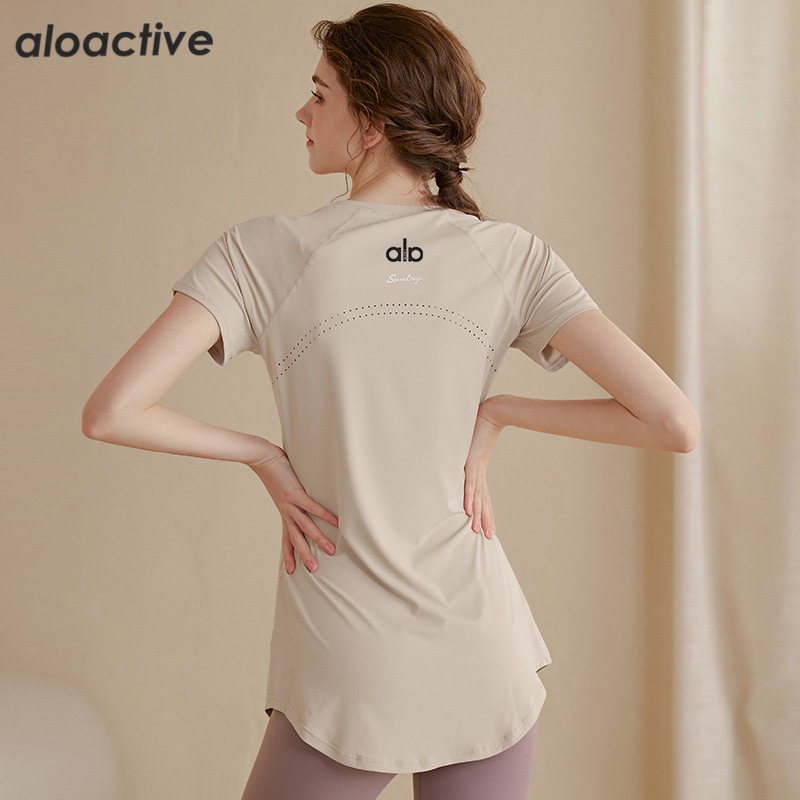 Aloactive Yoga Clothes for Women, Mid-Length, Hip-Covering, Slimming Short-Sleeved T-Shirt, Running Sports Top, Fitness Clothes for Summer