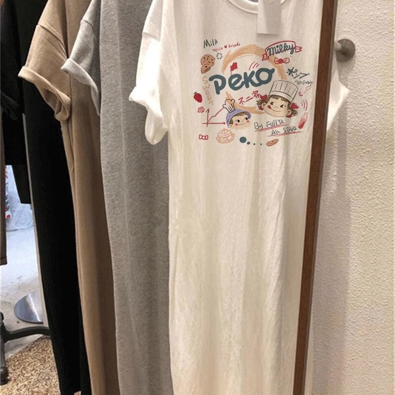 Summer New Fat mm 1.0-150kg Mid-Length Short-Sleeved T-Shirt Dress Loose Knee-Length Cartoon Animation Nightgown Home Clothes