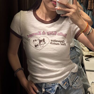 ZARluvip Spring New Cartoon Print T-shirt Women's round-neck color-blocked short-sleeved top for women 0264025