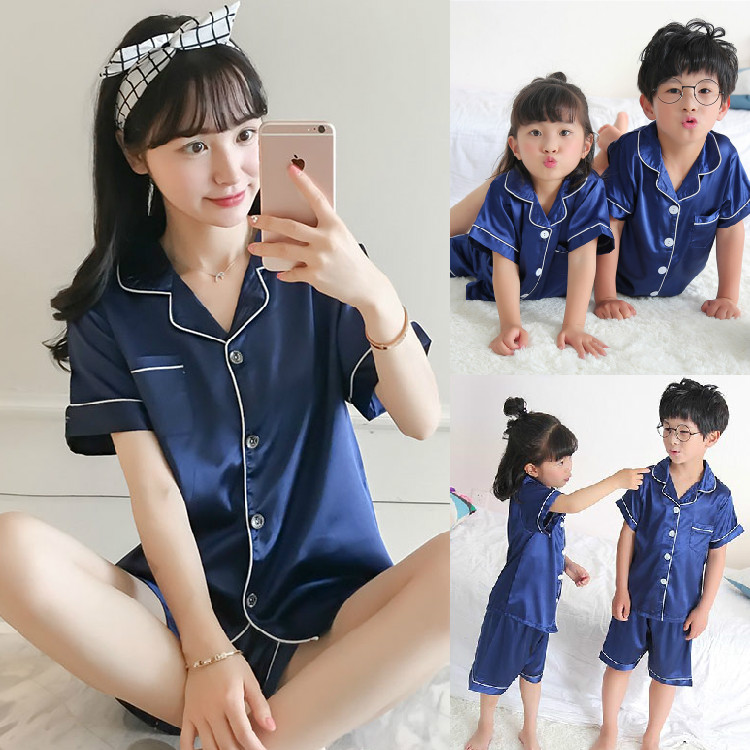 Mùa hè thanh niên vài băng lụa đồ ngủ ngắn tay áo mỏng bộ người đàn ông và phụ nữ lụa thực phụ huynh gia đình ba nhà dịch vụ đồ pijama nam