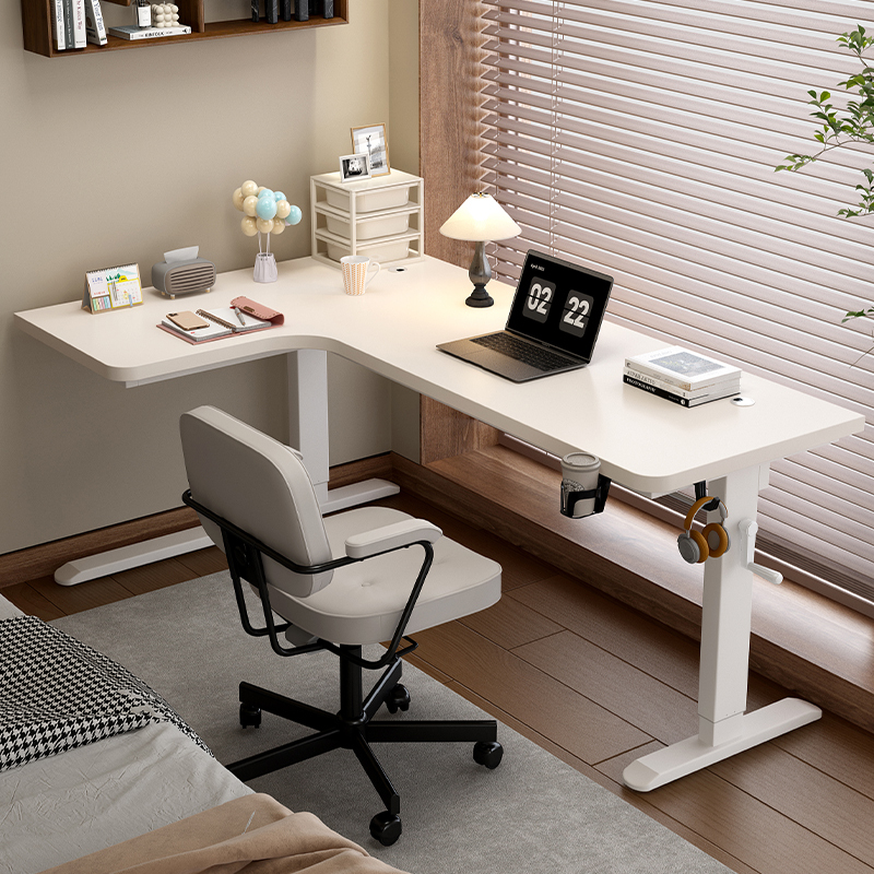 Hand-Cranked Lift Table Corner Desk Computer Desk L-Shaped Home Office Desk Adjustable Bedroom Solid Wood Study Desk