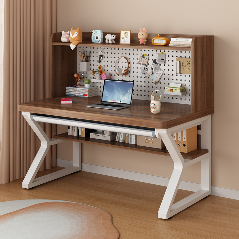 Solid Wood Desk Student Home Study Writing Desk Pegboard Bookshelf Integrated Computer Desk with Drawer Office Desk