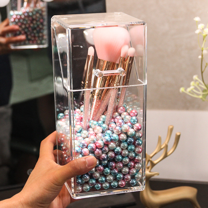 Net Red Dust-proof Makeup Brush Storage Tube Acrylic Desktop Beauty Makeup Brush Eyeshadow Brush Storage Box with Pearl Brush Bucket