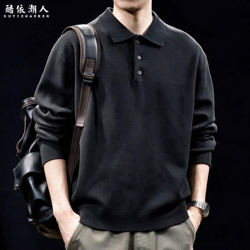 Polo Collar Knitwear Men's Long-Sleeved Loose Casual Versatile Black Sweater Trendy Polo Collar Knitwear Men's Long-Sleeved Loose Casual Versatile Black Sweater Trendy
