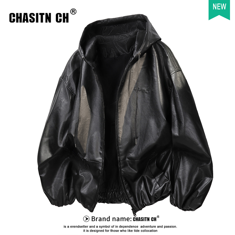 High-End Motorcycle Leather Jacket for Men and Women, Autumn and Winter European and American Trendy Street Pu Leather Jacket, Retro Silhouette Hooded Coat