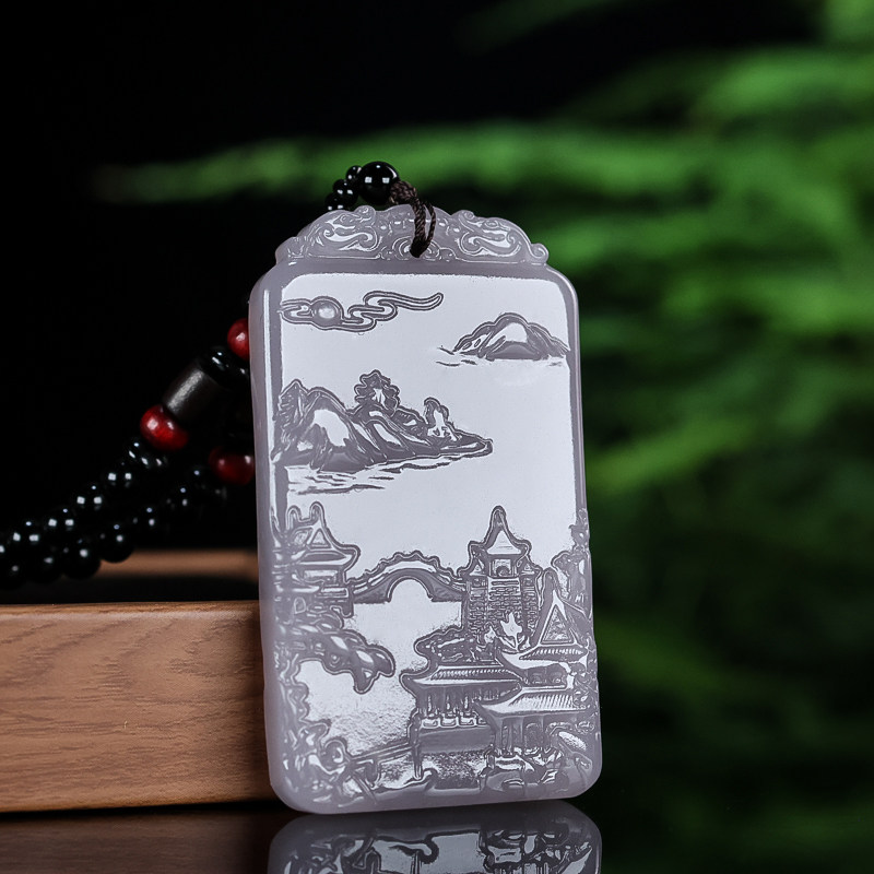 和田玉煙紫色雙面山水牌子玉吊墜男款雙面精雕招財山水玉掛件項鏈-淘寶