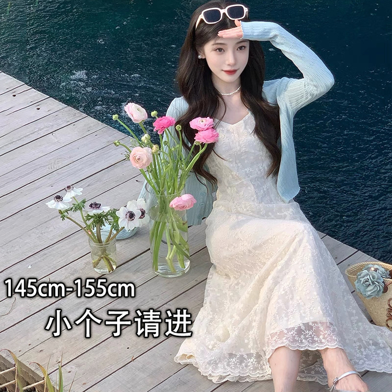 Suitable for Petite People, Summer Wear for 150cm Short People to Look Taller, Embroidered Spaghetti Strap Long Dress, French Style Dress, XXS Suitable for Petite People, Summer Wear for 150cm Short People to Look Taller, Embroidered Spaghetti Strap Long Dress, French Style Dress, XXS