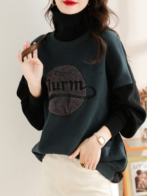 September Momo plus velvet thick stitching embroidery high-necked sweater women's 2022 winter bottoming shirt loose warm jacket
