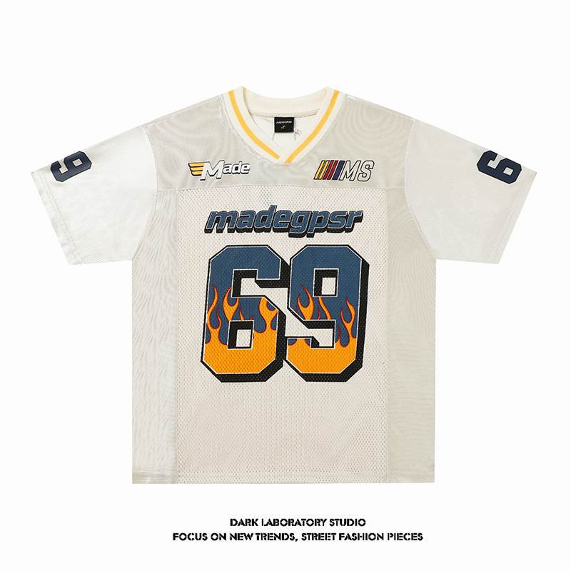 American Retro Flame No. 69 V Neck Mesh Short-Sleeved Men's and Women's Street Fashion Brand Sports Jersey Style Loose Couple Wear American Retro Flame No. 69 V Neck Mesh Short-Sleeved Men's and Women's Street Fashion Brand Sports Jersey Style Loose Couple Wear
