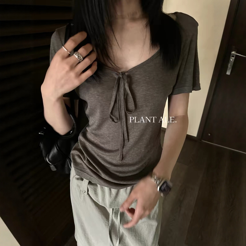 Plantale2026 New Summer Style Simple and Versatile V Neck Lace-Up Tencel Short-Sleeved T-Shirt for Women Slimming Look Mask Top