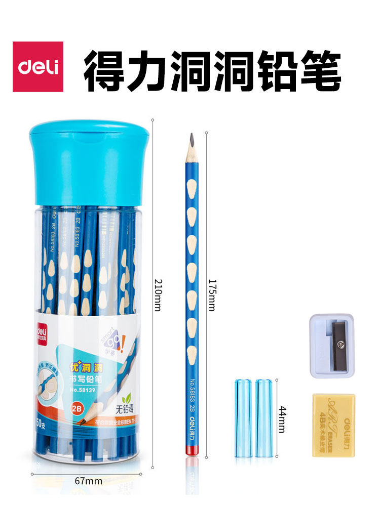 Deli Hole Pencil for Correcting Grip Posture, Triangular Barrel, Non-Toxic Lead-Free Hb Pencil, 2B Pencil, Exam Hb Pencil, Children's Pencil, Kindergarten Writing Stationery Supplies