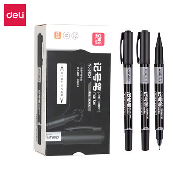 Deli Small Double-Headed Oil-Based Marker Pen, Fine Tip Marker Pen, Outlining Pen for Children's Drawing, Student Use, Black Art Student Outlining Pen, Colored Pen