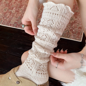 Weixue Style Wool Slouch Socks for Women, Autumn and Winter Warm Knitted Hollow-Out Calf Socks, Spring and Autumn Lace Wool Long Socks