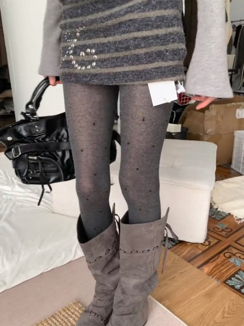Gray Polka Dot Long Boot Pantyhose French Retro Style Silk Stockings Gray Series Slimming Polka Dot Leggings for Women Spring and Autumn