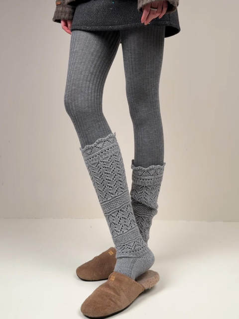 Weixue Style Knitted Hollow-Out Calf Socks for Women, Spring and Autumn Warm Wool Slouch Socks, Autumn and Winter Lace Wool Long Socks