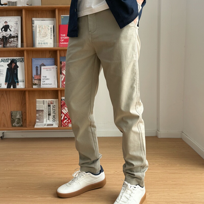 Linen-Style Cotton Genuine Men's Khaki Straight-Leg Slim-Fit Casual Pants, Loose Thin Elastic Waist Summer Pants