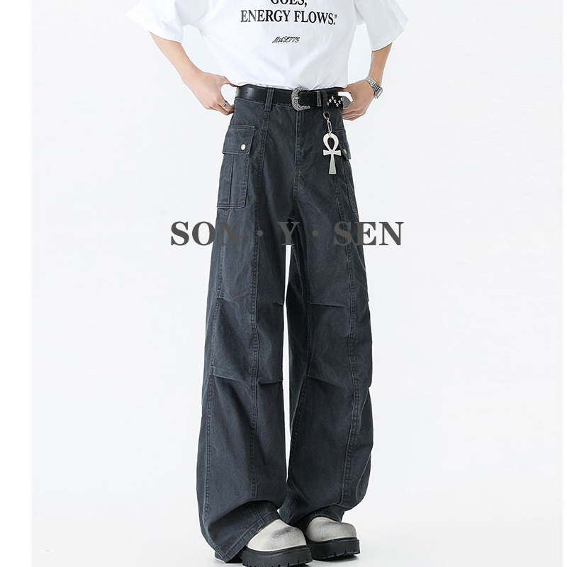 Micro-Flared Work Pants for Men and Women, American Retro Distressed Gray Pleated High-Street Style, High-End Loose Casual Pants