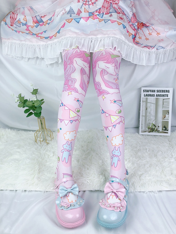 Lolita Princess Sweet Angel Unicorn Print Socks Cute Lolita Pantyhose Summer Thin High Tube Over-The-Knee Socks