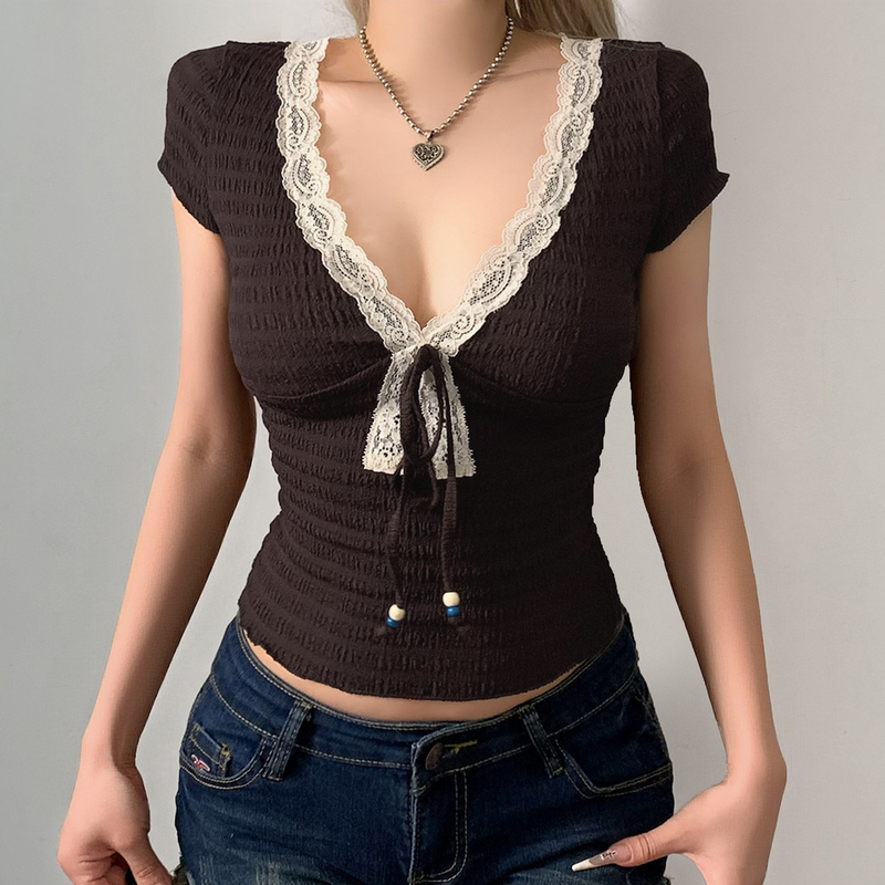 H Brand European and American Women's Clothing French Retro Lace Splicing Beaded Tie V-Neck T-Shirt Textured Tight-Fitting Brown Top
