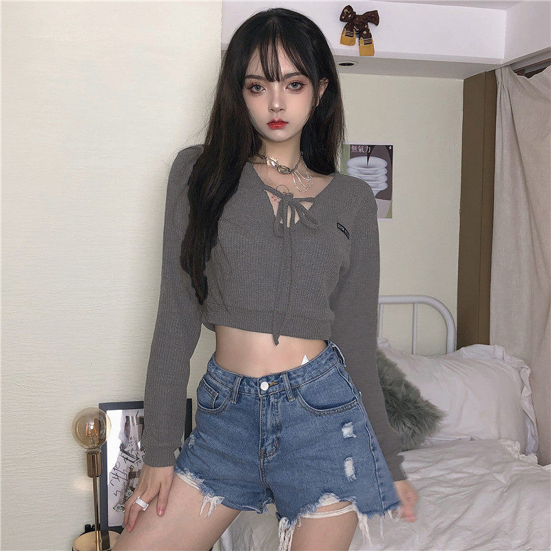 H family new V collar lacing letters embroidered dew navel blouses blouses female Han wind reduced age loose grey thick cotton T