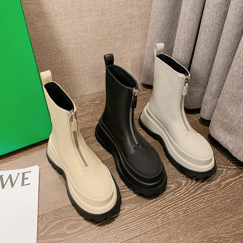 British style Martin boots women 2022 spring and autumn front zipper leather short boots mid-tube Chelsea single boots platform thin thin boots
