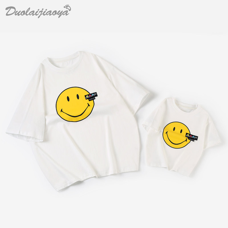 Pro-zipped T-shirt smiley face round neck baby slapped bottom-shirt printed mother-daughter dress Chardress white t casual parent-child short sleeve