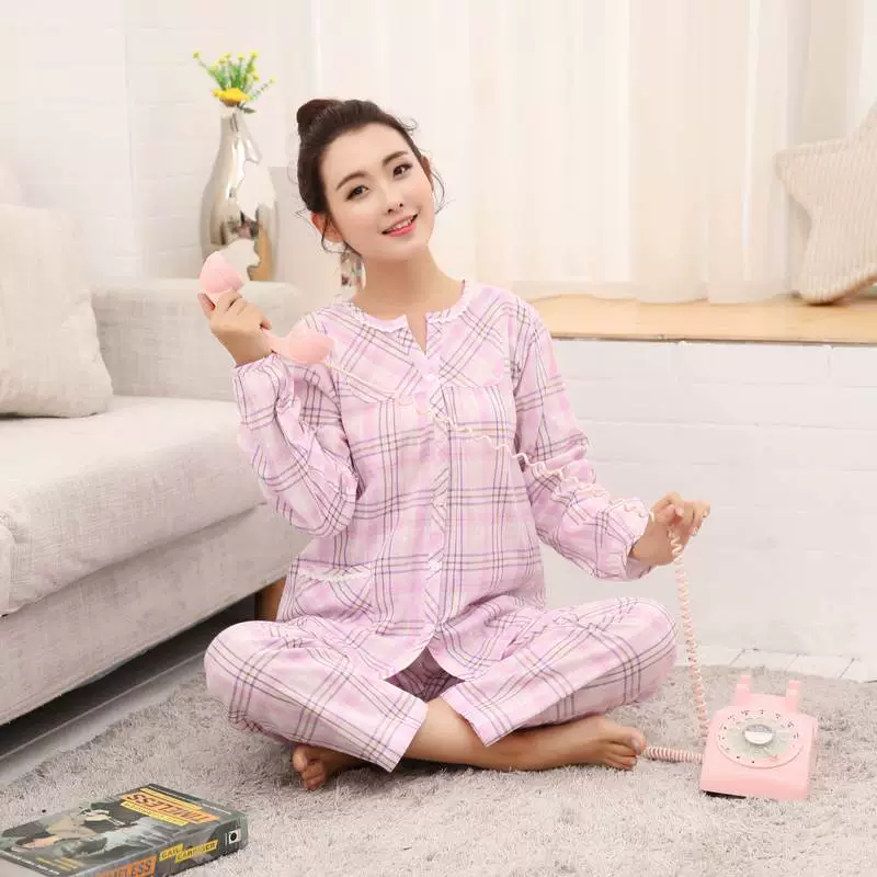 Miễn phí vận chuyển! Bộ đồ ngủ vải gạc hai lớp cotton tinh khiết phù hợp với nữ dài tay kẻ sọc cotton siêu mềm phục vụ tại nhà F-585 - Nam giới