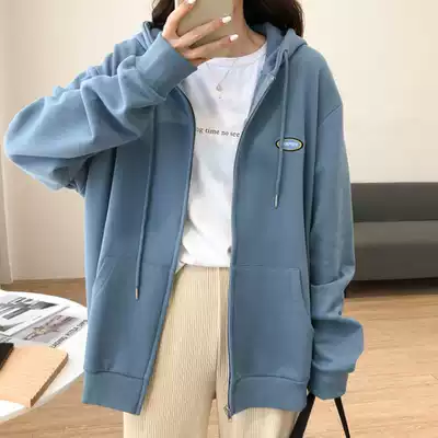 Korean version of solid color letter hooded sweatshirt women's cardigan 2021 autumn new thin zipper casual sports trendy jacket