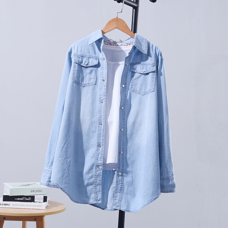 Denim shirt women's thin jacket loose Korean version 2021 autumn new medium and long version casual large size long-sleeved top