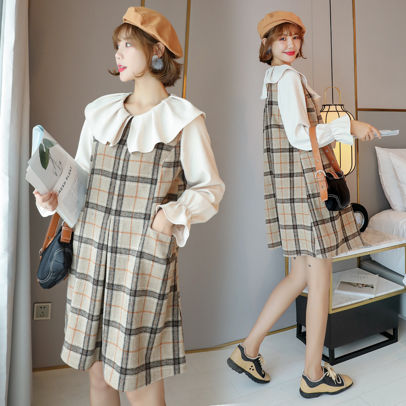 Maternity Spring Dress Skirt Korean 2022 Fashion Net Red Doll Collar Plaid Dress Medium and Long Jacket