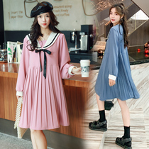 2021 new maternity dress bow skirt slim spring dress Korean tide hot mom loose pleated dress size