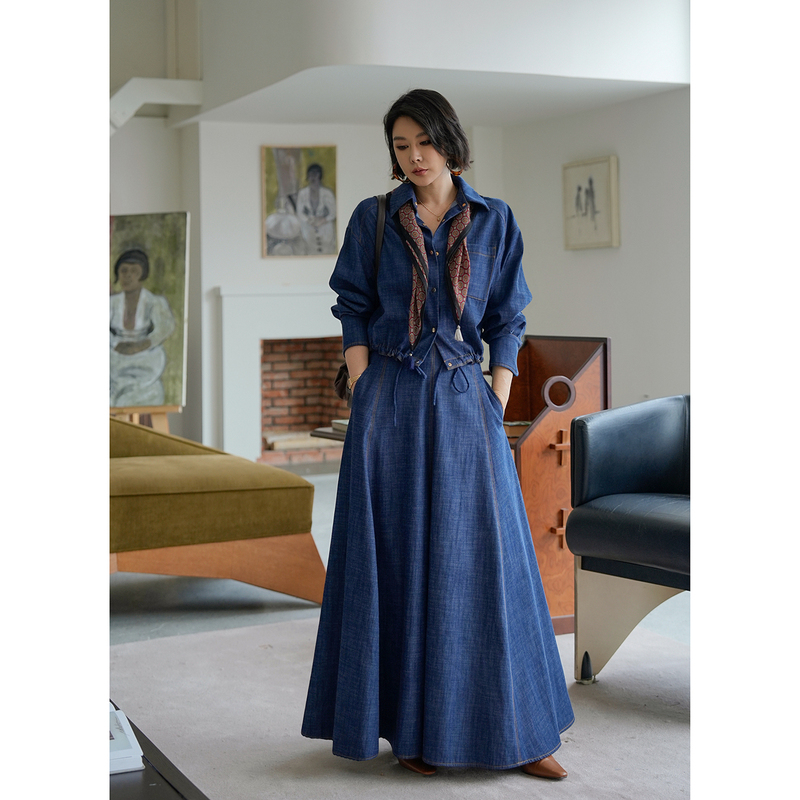 [Los Angeles Street Photography] M*U Series Eco-Friendly Washed Oversized Denim Jacket with Stylish Top and Skirt Set