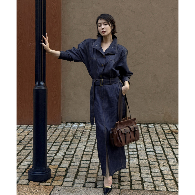 Dancy Dan [New York Gentlewoman] Heavy-Duty Washed Denim Skirt with Visible Stitching, Loose-Fitting Workwear Long-Sleeve Dress