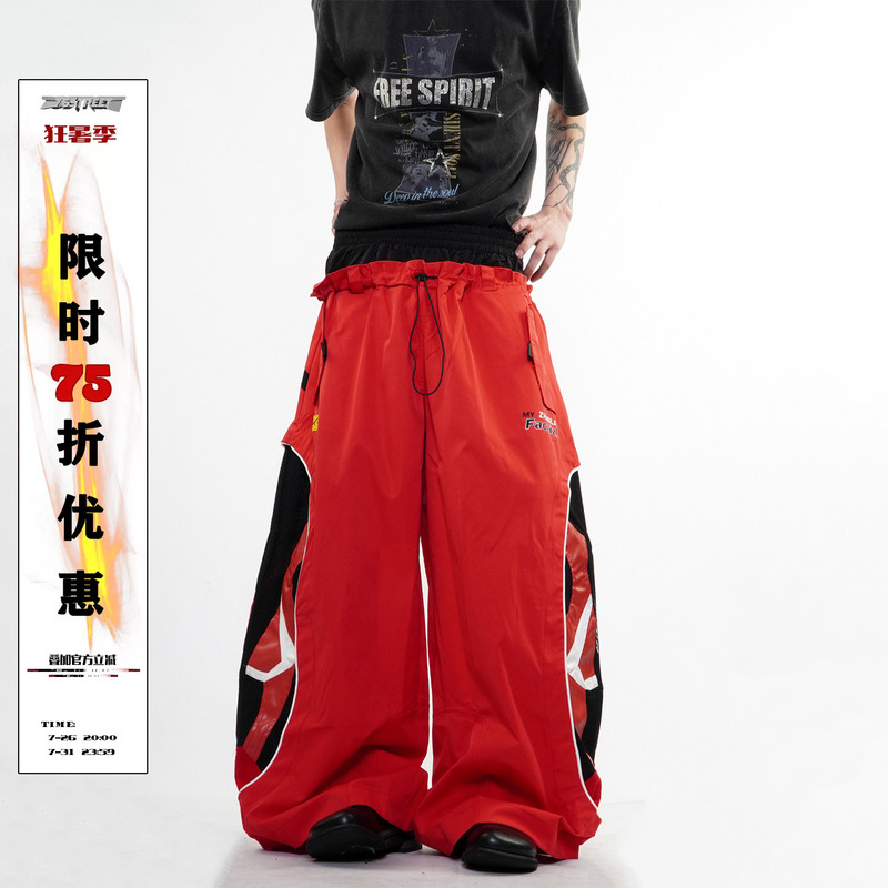 76Street Racing Motorcycle Deconstructed Patchwork Color-Block Double Waistband Casual Pants Unisex Loose Wide-Leg Long Pants Trendy
