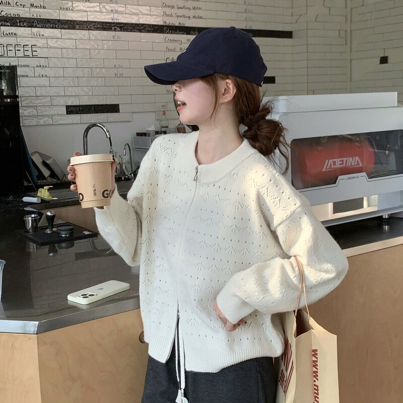 White Hollow-Out Double-Zip Sweater Cardigan for Women, 2026 Early Autumn New Style, Loose and Lazy Style Knit Jacket Top