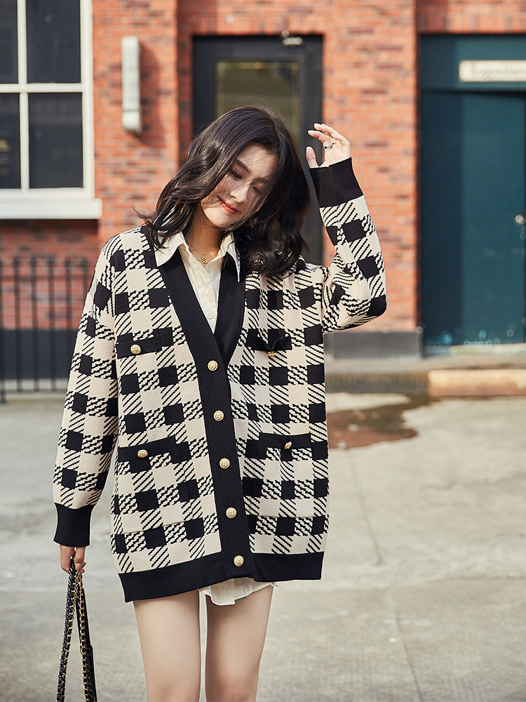 Retro Ching - Bird Gribbed knitting Sweater Sweater 2022 - The new loose lazy wind V - collar coat