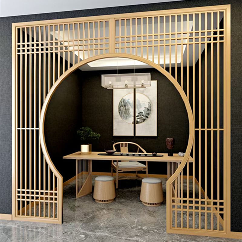 Solid Wood Chinese-Style Round Moon-Shaped Arch Background Wall Lattice Door and Window Partition Wood Carving Entrance Floor-To-Ceiling Cover Antique-Style