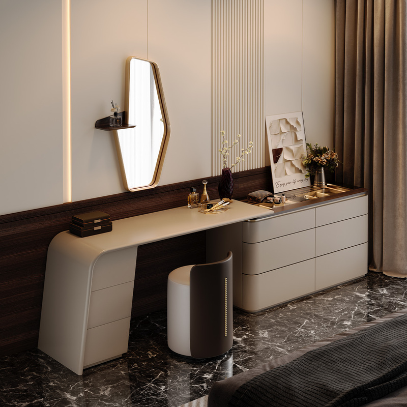Italian-Style Dressing Table and Chest of Drawers Integrated, Light Luxury and High-End Feel, Bedroom Bedside Cabinet, Corner Extendable Corner Dressing Table