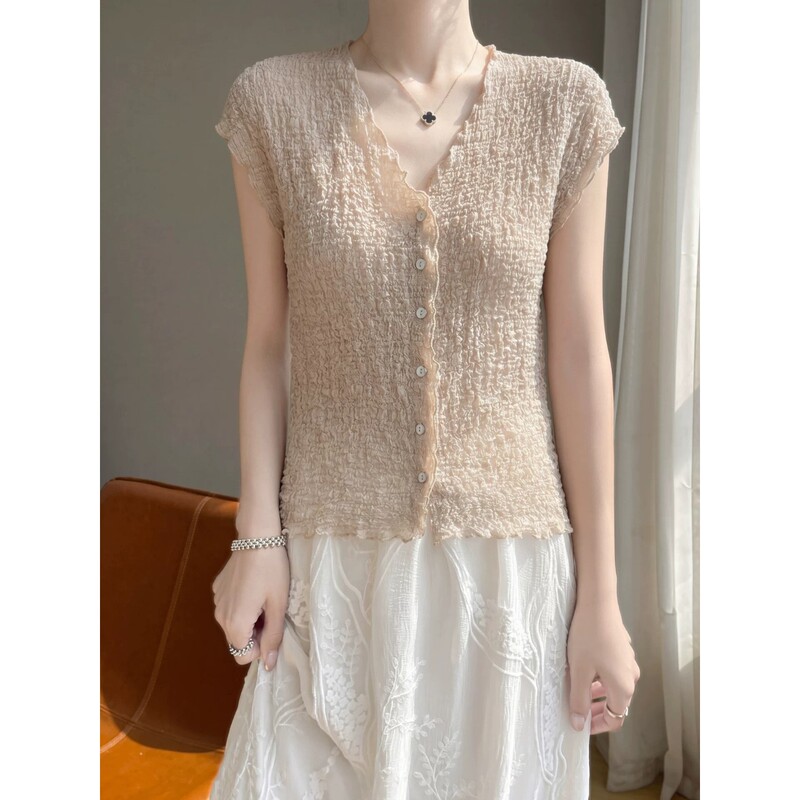 Khaki French V-Neck Knitted Cardigan T-Shirt for Women, Summer Slim Fit, Old Money Style Top