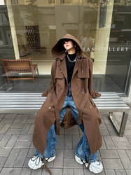 ລະດູໃບໄມ້ຫຼົ່ນ ແລະລະດູໜາວ ວັດສະດຸເຮັດດ້ວຍຂົນສັດສູງສີເຂັ້ມ ໜາ hooded windbreaker men's retro loose long knee-length woolen coat jacket