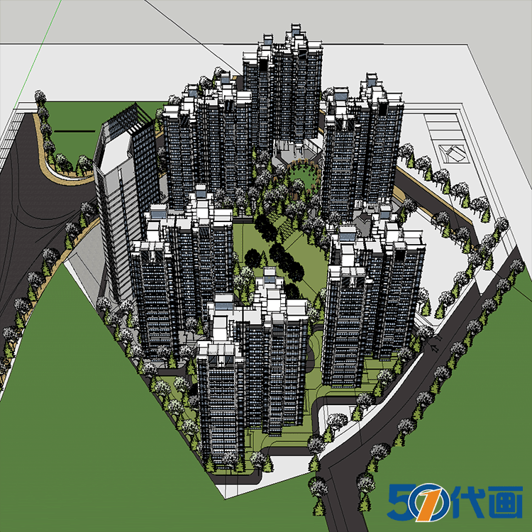 T1957居住区规划SU模型小区建筑方案高层楼盘住宅sketchup设...-15