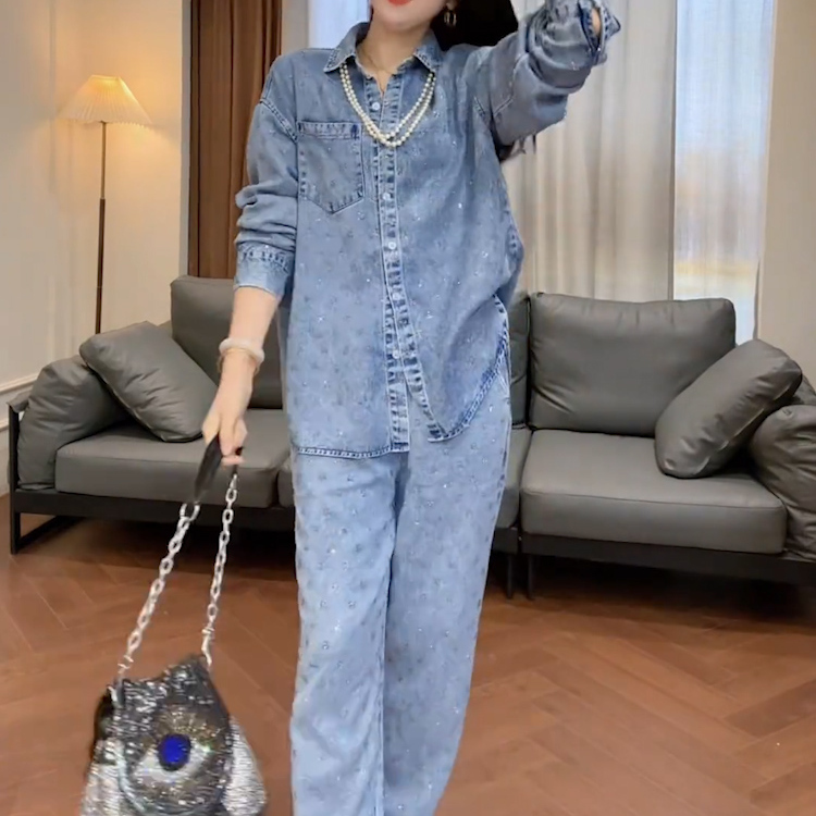 Trendy and Stylish Casual Fashion Spring and Autumn Two-Piece Set 2026 New Light Blue Loose Slimming Lapel Sweatshirt Suit