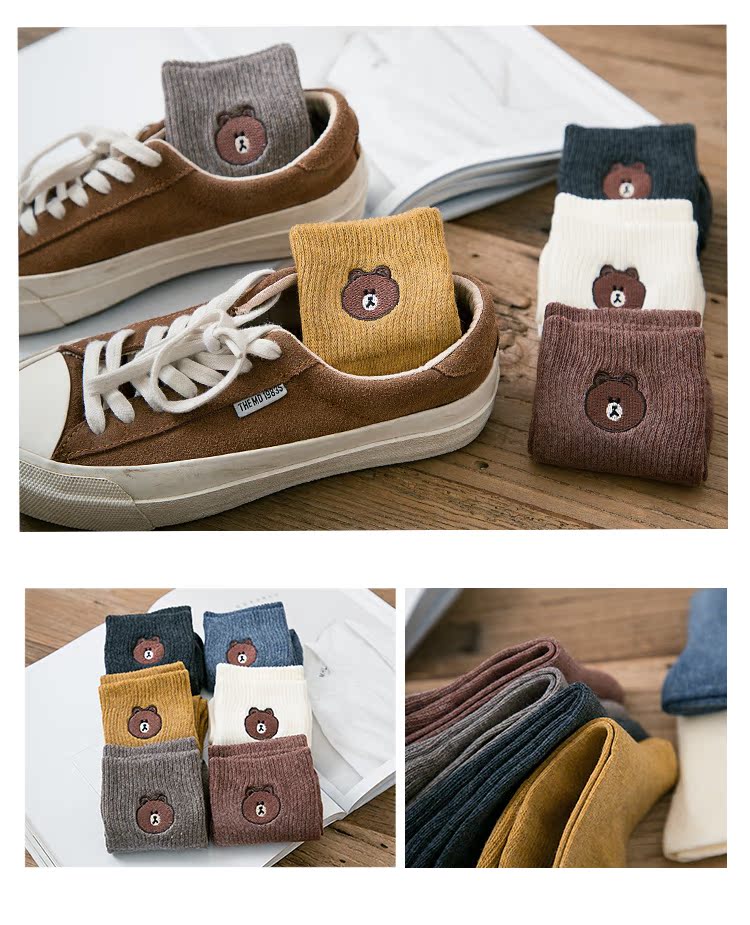 Vớ nữ mùa thu Retro Funny Bear College Wind vớ Nhật Bản Cô gái dễ thương Bông hoang dã Stockings Phụ nữ tất nữ cố thấp